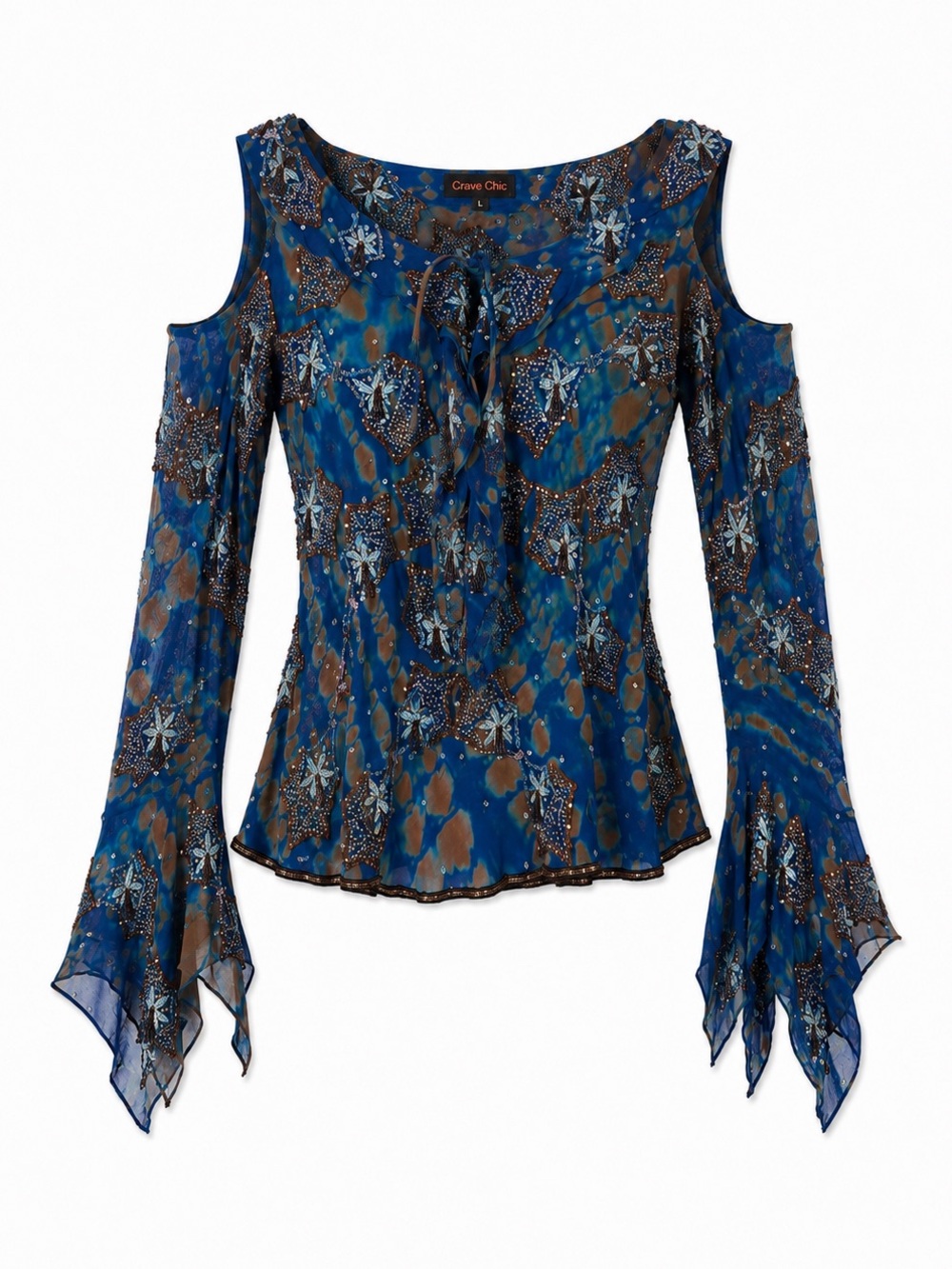Vintage Crave Blue Beaded Cold Shoulder Blouse